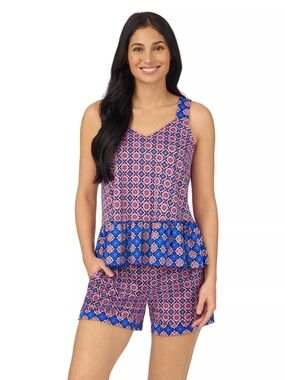 Boho Cuddl Duds Cozy Pajama Tank Top & Shorts Set Pink, Blue, Mauve Tile GEO